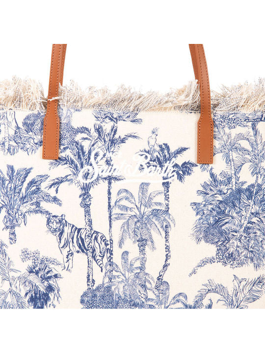 SAINT BARTH BORSA CITY REGULAR IN CANVAS BEIGE DETTAGLI BLU CON FRANGE