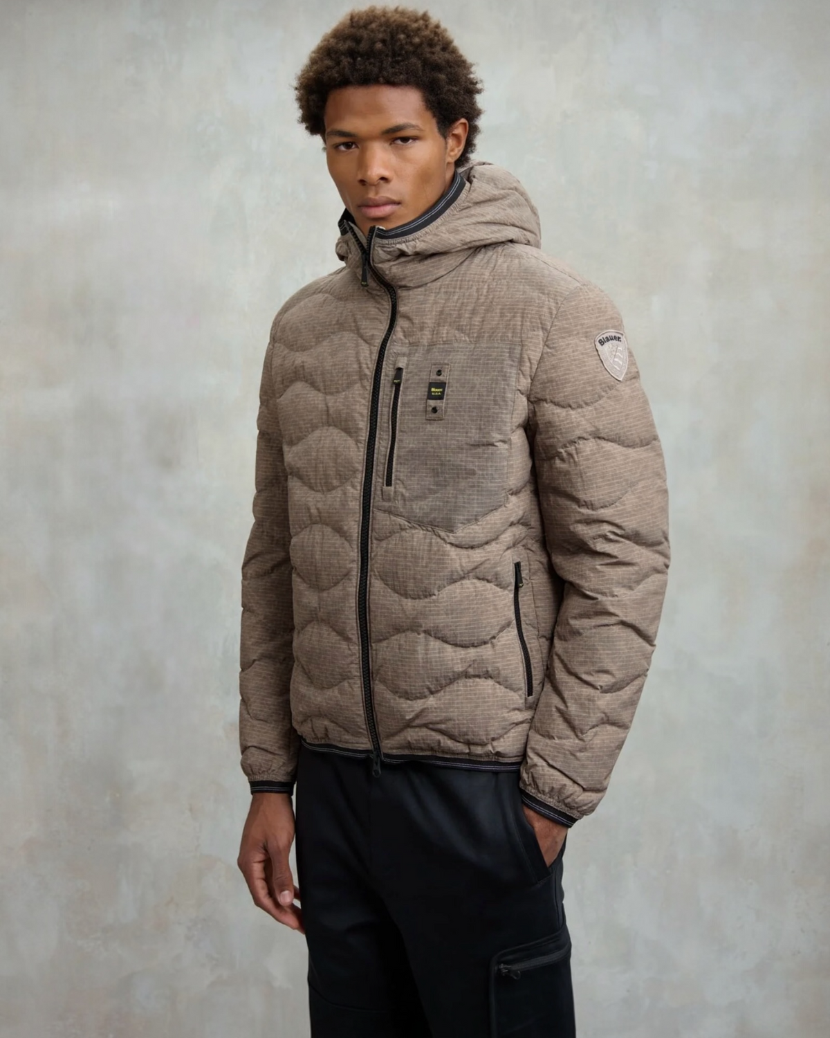 BLAUER Giubbotto Uomo Piumino Invernale Ondulato Con Fantasia a Quadretti Beige