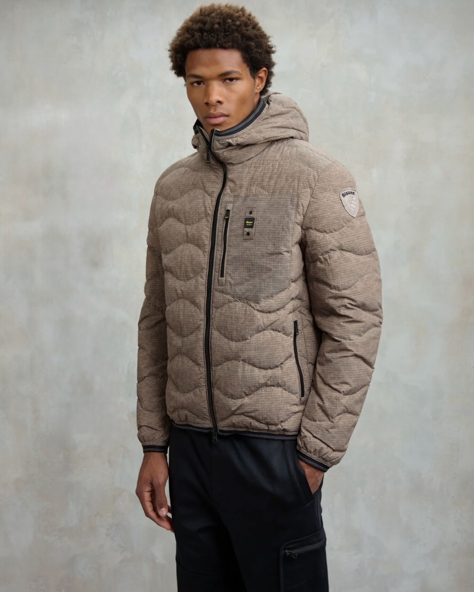 BLAUER Giubbotto Uomo Piumino Invernale Ondulato Con Fantasia a Quadretti Beige