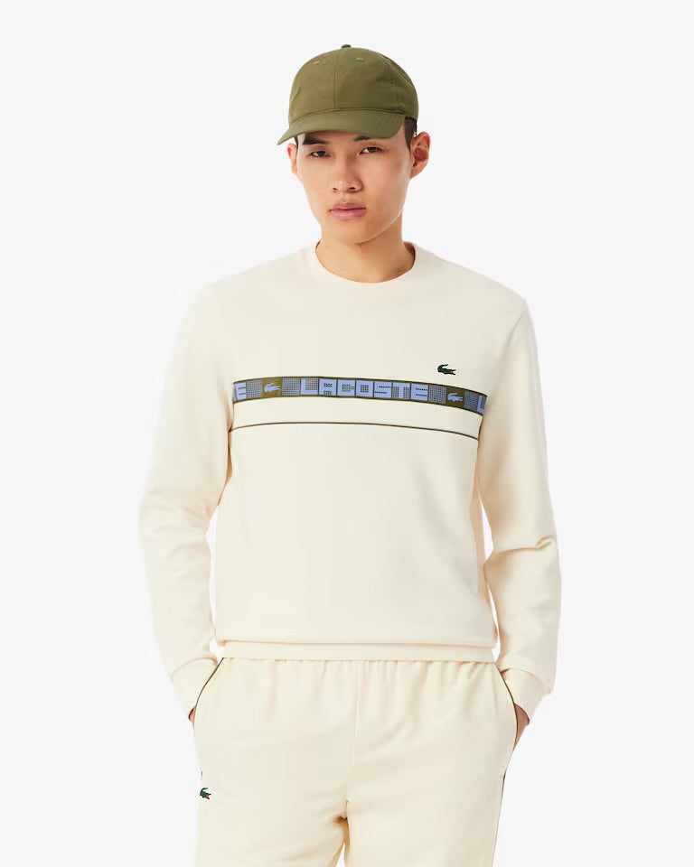 LACOSTE Felpa Girocollo a Righe Con Logo Beige