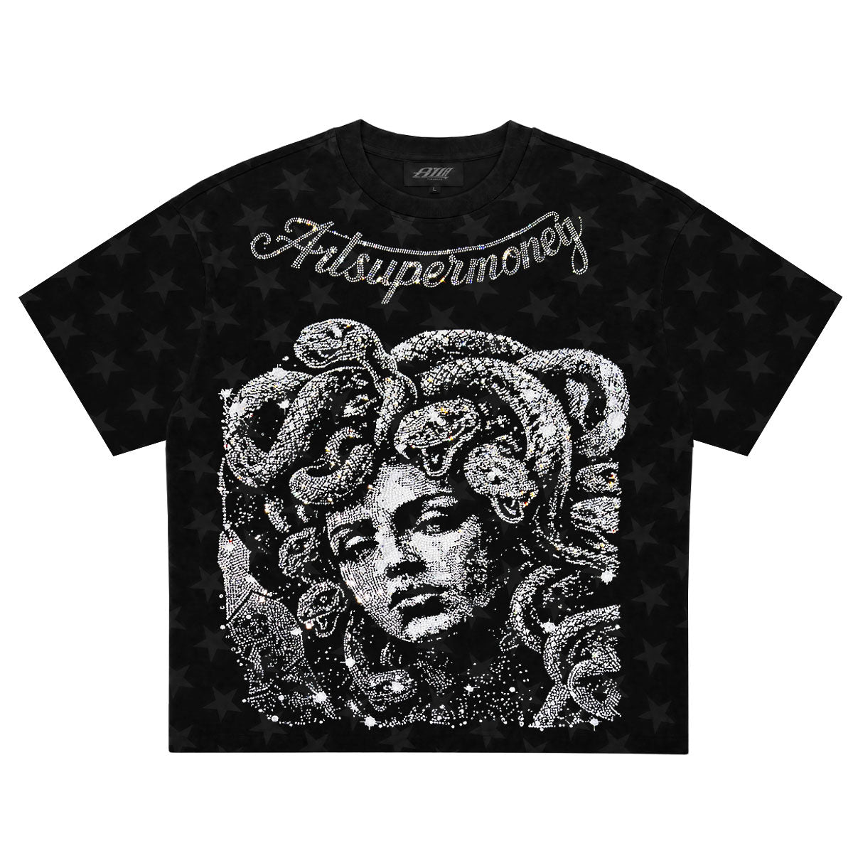 ART SUPER MONEY T-Shirt Meduza Con Stampa e Strass Fronte Retro Con Stampa Star Nera