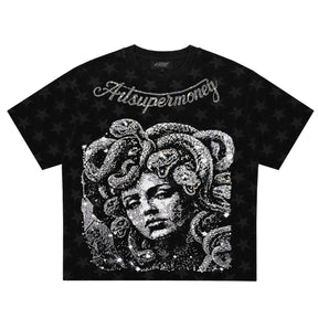 ART SUPER MONEY T-Shirt Meduza Con Stampa e Strass Fronte Retro Con Stampa Star Nera