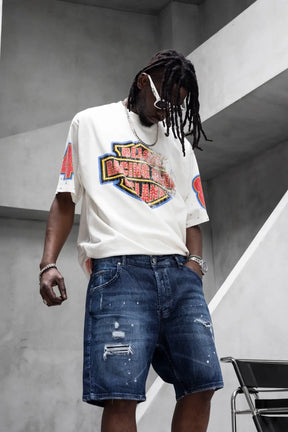 BLACK ISLAND T-Shirt In Cotone Sfumata Cropped Con Stampa Racing e Brillantini Fronte e Retro Bianco