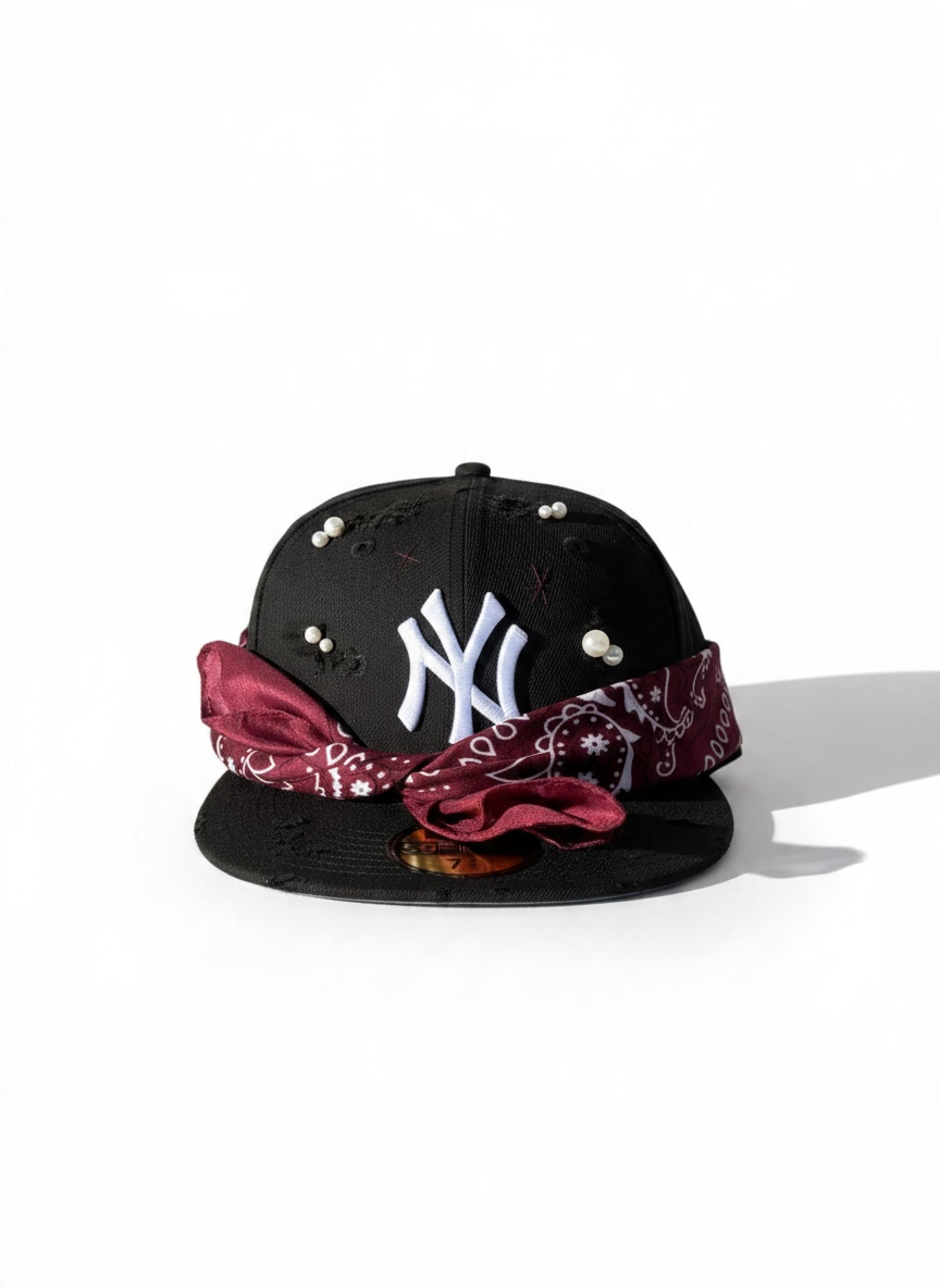 NEW ERA CUSTOM 59Fifty Cappello Visiera Piatta Chiuso Dietro Personalizzato Con Perle e Bandana Nero