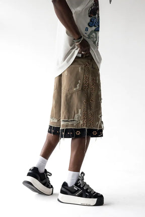 BLACK ISLAND Bermuda Jeans Jorts Con Borchie Beige