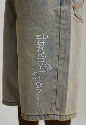 ED HARDY Pantaloncino in Jeans Jorts Sabbiato Con Dettagli Ricamati Fronte E Sul Retro