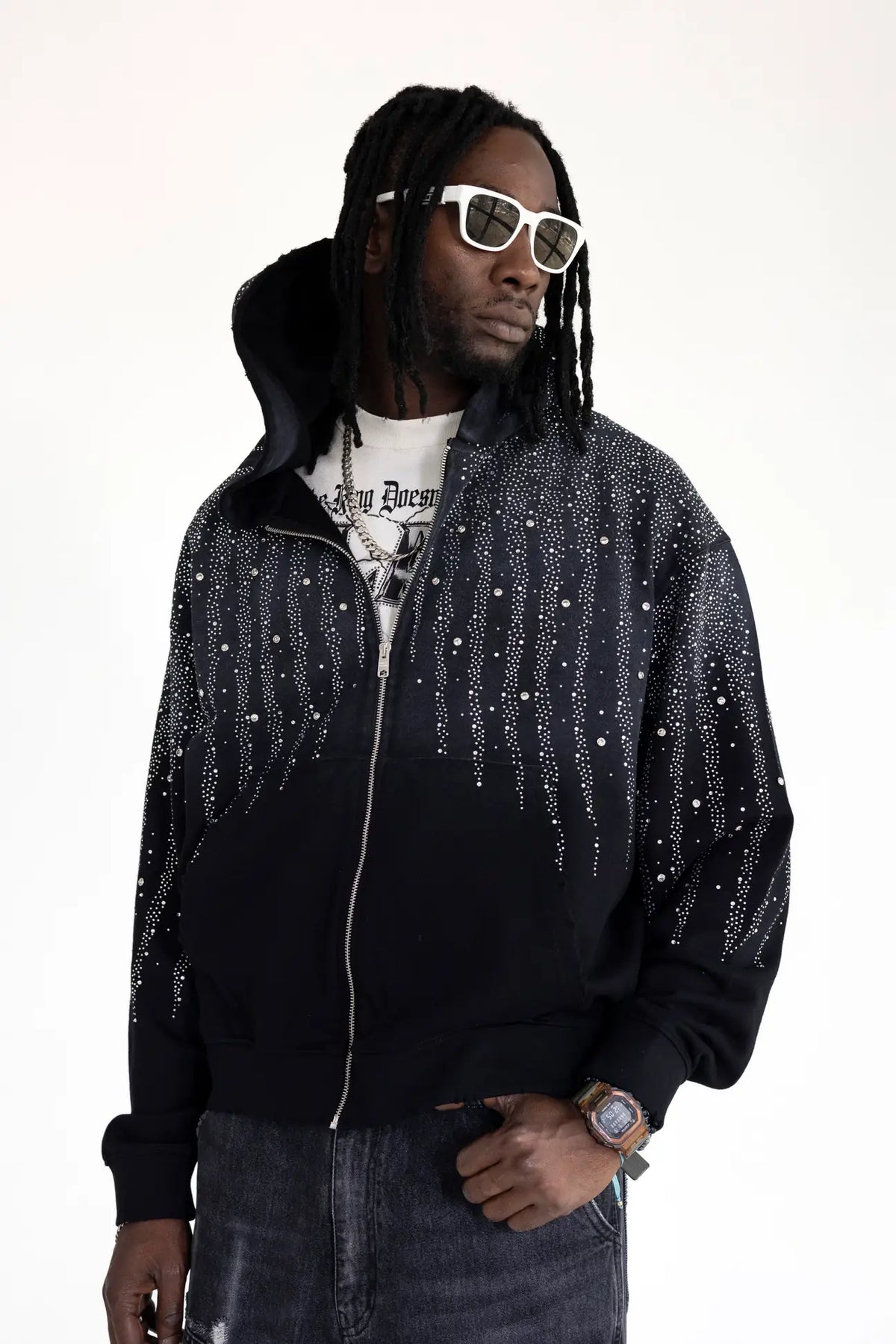 BLACK ISLAND Felpa Con Zip e Cappuccio Con Brillantini Stone Wash Nera/Grigio