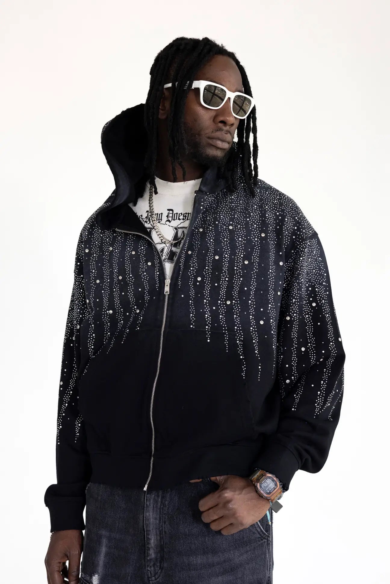 BLACK ISLAND Felpa Con Zip e Cappuccio Con Brillantini Stone Wash Nera/Grigio