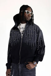 BLACK ISLAND Felpa Con Zip e Cappuccio Con Brillantini Stone Wash Nera/Grigio