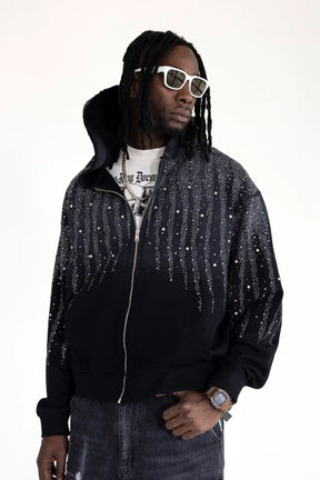 BLACK ISLAND Felpa Con Zip e Cappuccio Con Brillantini Stone Wash Nera/Grigio