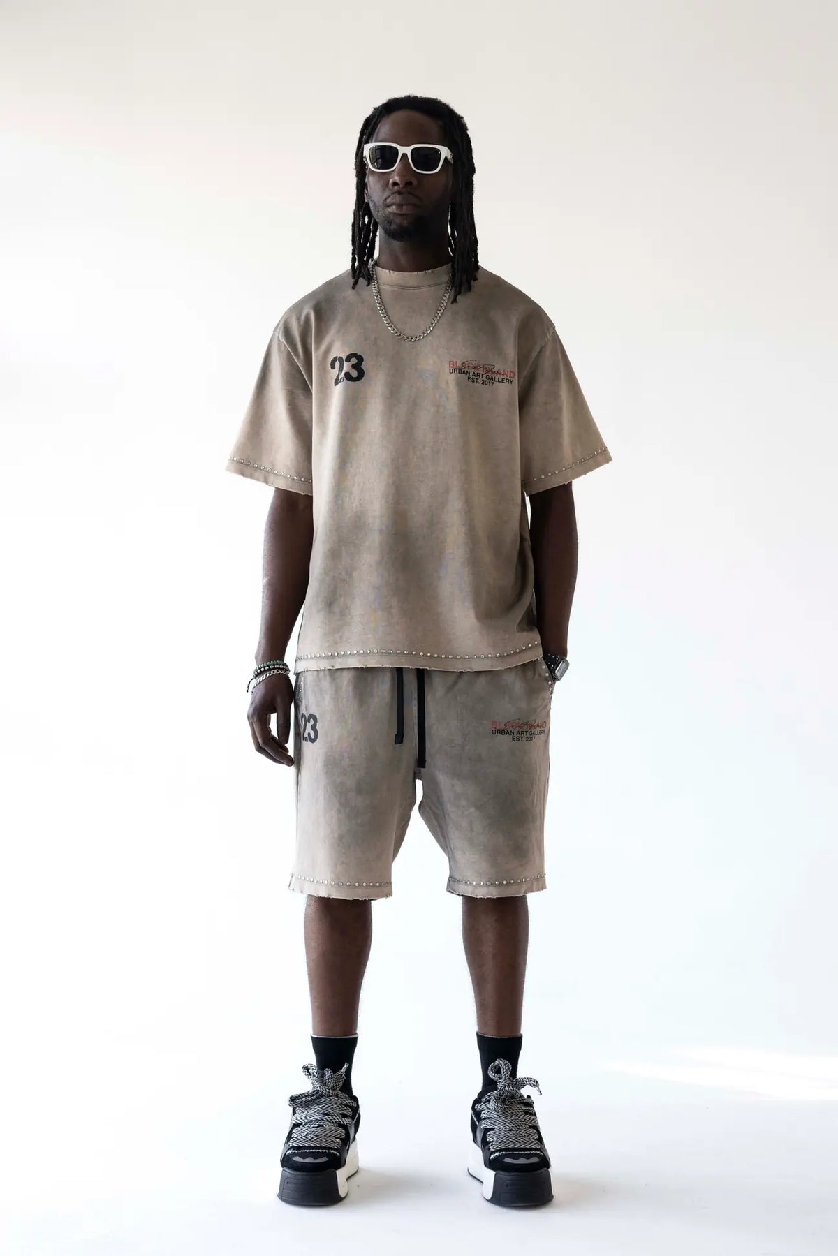 BLACK ISLAND Completino T-Shirt e Pantaloncino Sfumato Con Stampa Fronte e Retro Beige Stone Wash