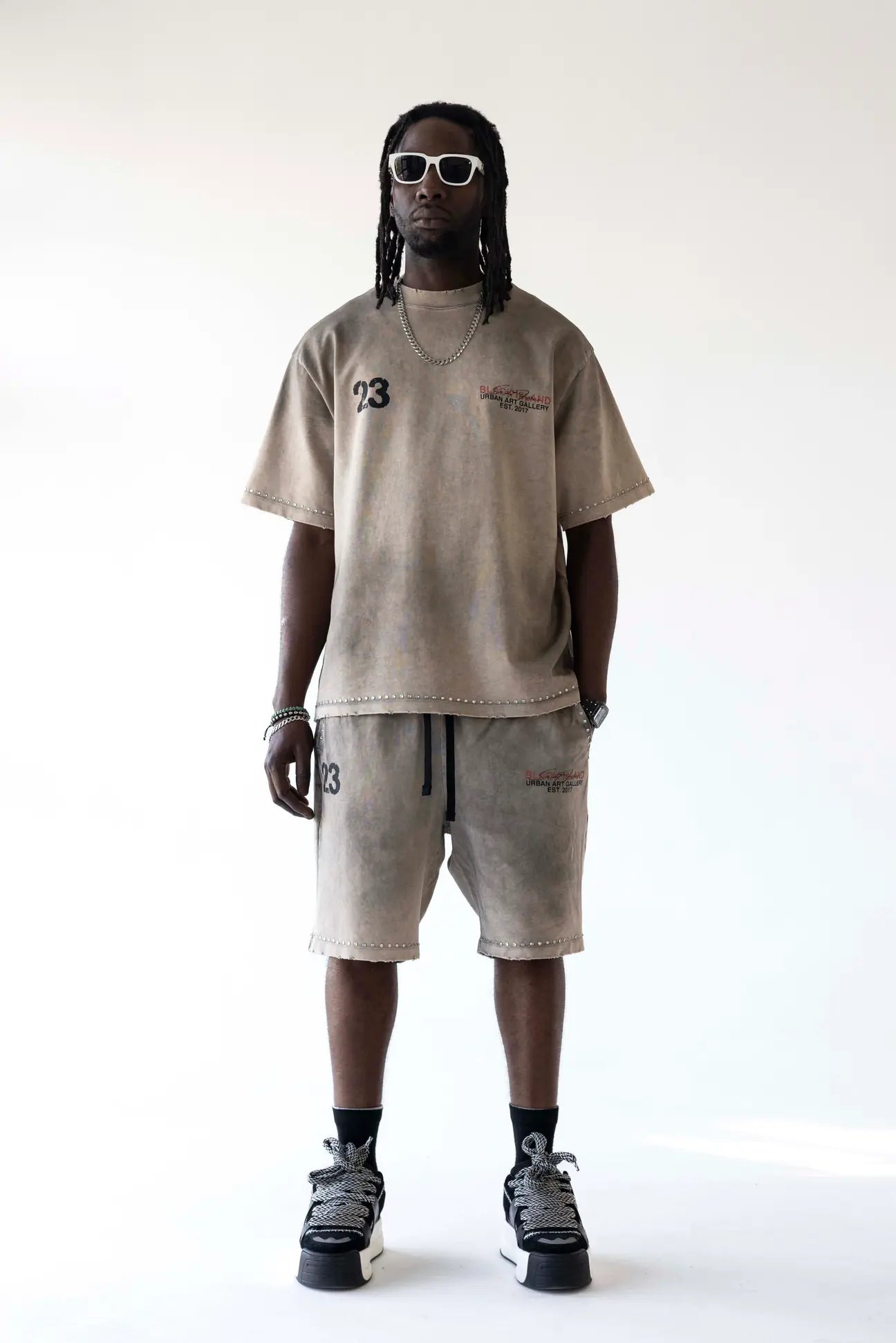 BLACK ISLAND Completino T-Shirt e Pantaloncino Sfumato Con Stampa Fronte e Retro Beige Stone Wash