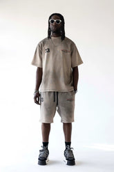 BLACK ISLAND Completino T-Shirt e Pantaloncino Sfumato Con Stampa Fronte e Retro Beige Stone Wash