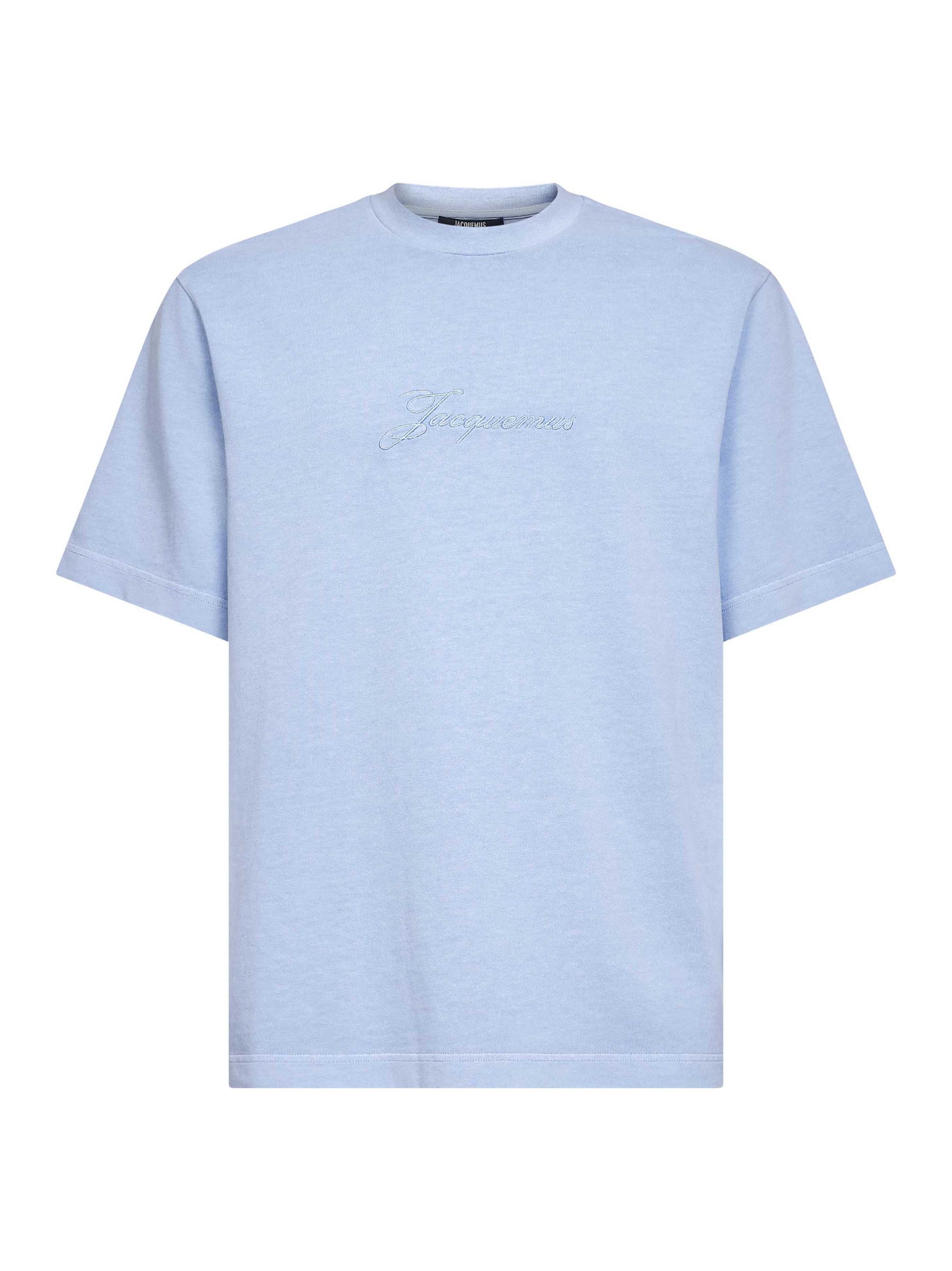 JACQUEMUS T-Shirt In Cotone Con Logo Ricamato Centrale Azzurra