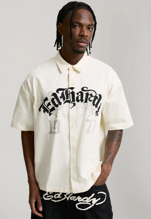 ED HARDY Camicia Mezze Maniche Con Logo Ricamati e Stampa Gotica Panna/Nero