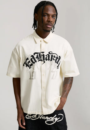ED HARDY Camicia Mezze Maniche Con Logo Ricamati e Stampa Gotica Panna/Nero