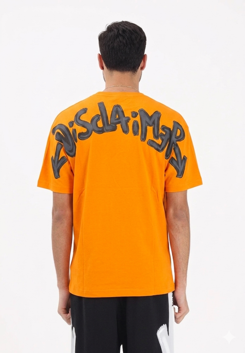 DISCLAIMER T-Shirt Con Logo Frontale e Stampa Retro Arancione/Grigio Asfalto