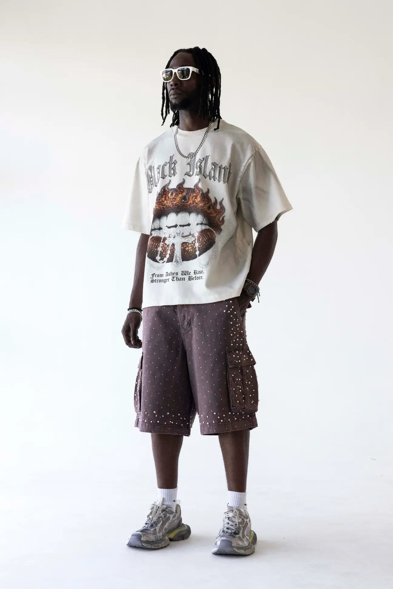 BLACK ISLAND T-Shirt In Cotone Sfumata Con Stampa Bocca In Fiamme e Brillantini