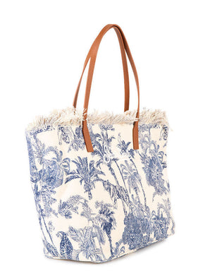 SAINT BARTH BORSA CITY REGULAR IN CANVAS BEIGE DETTAGLI BLU CON FRANGE