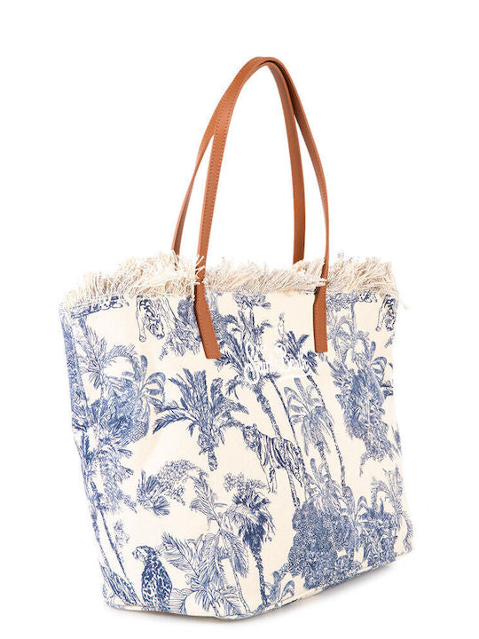 SAINT BARTH BORSA CITY REGULAR IN CANVAS BEIGE DETTAGLI BLU CON FRANGE