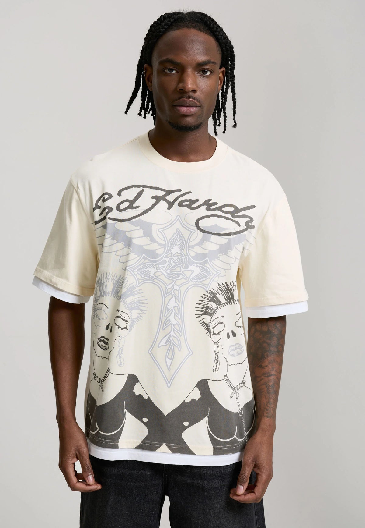ED HARDY T-Shirt Con Stampa Frontale Panna/Nero