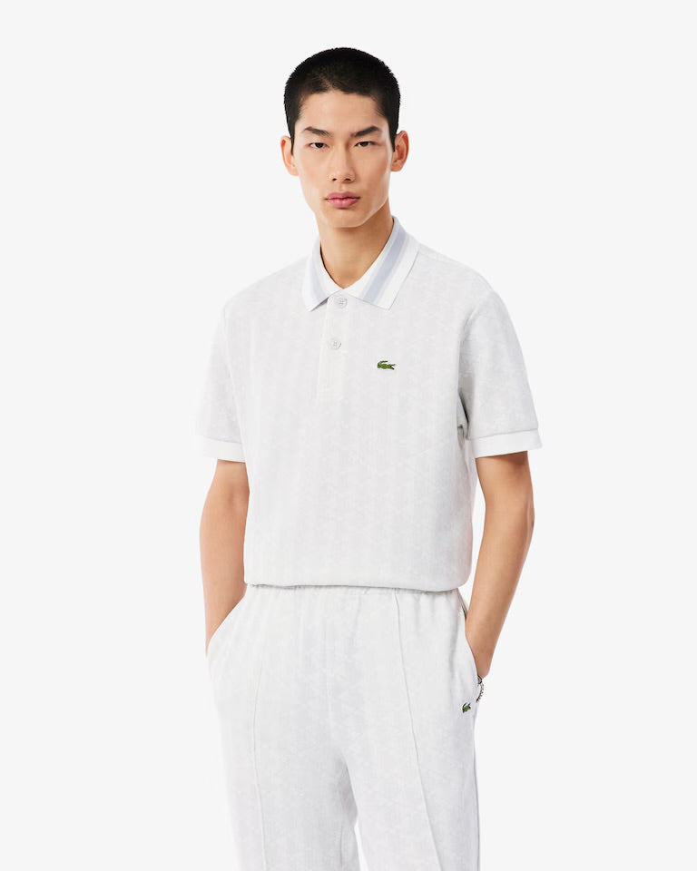 LACOSTE Polo Linea Monogram in Tessuto Jacquard Bianco