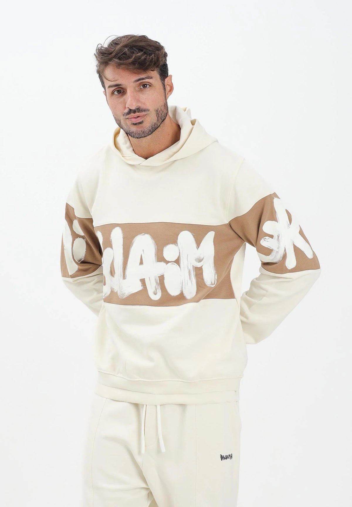 DISCLAIMER Felpa Con Cappuccio Logo Centrale Beige e Marrone