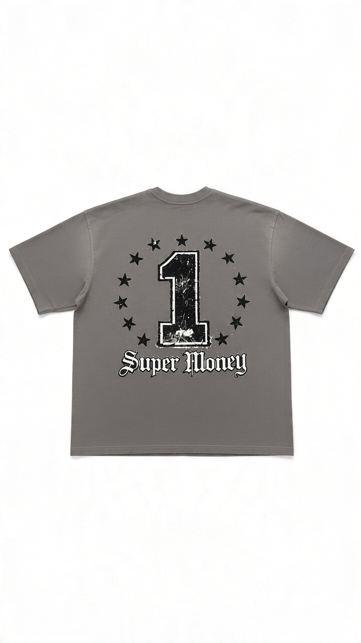 ART SUPER MONEY T-Shirt GRILLZ Con Stampa e Strass Fronte Retro Iron