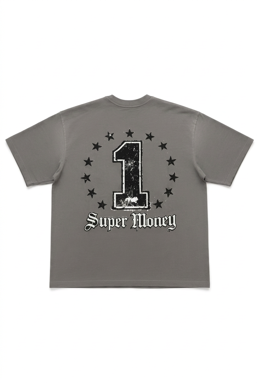 ART SUPER MONEY T-Shirt GRILLZ Con Stampa e Strass Fronte Retro Iron