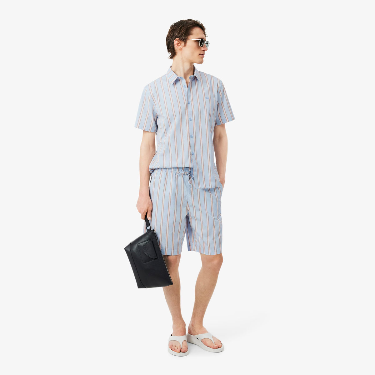 LACOSTE Coordinato Camicia Mezze Maniche e Pantaloncino Rigato Azzurro/Salmone