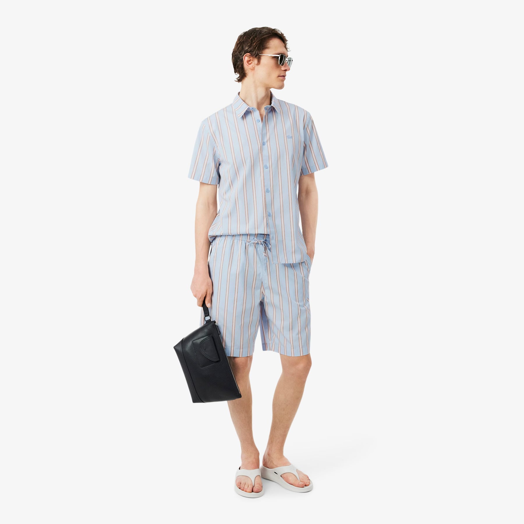 LACOSTE Coordinato Camicia Mezze Maniche e Pantaloncino Rigato Azzurro/Salmone