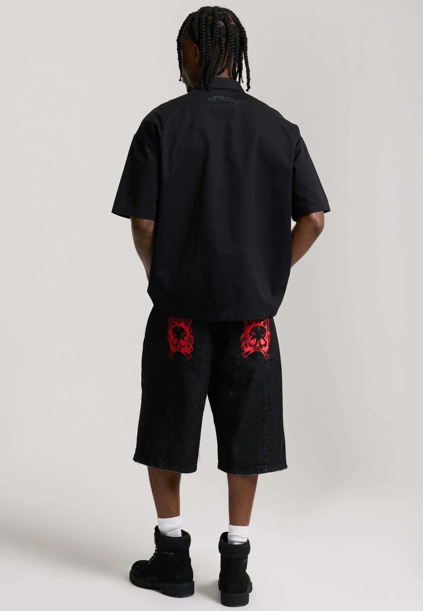 ED HARDY Pantaloncino in Jeans Jorts Con Stampa Avanti E Teschi Ricamati Retro Nero