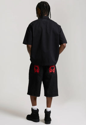 ED HARDY Pantaloncino in Jeans Jorts Con Stampa Avanti E Teschi Ricamati Retro Nero