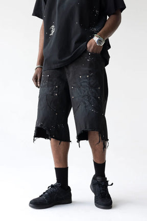 BLACK ISLAND Bermuda Jeans Jorts Con Dettagli Croci in Rilievo Nero Stone Wash
