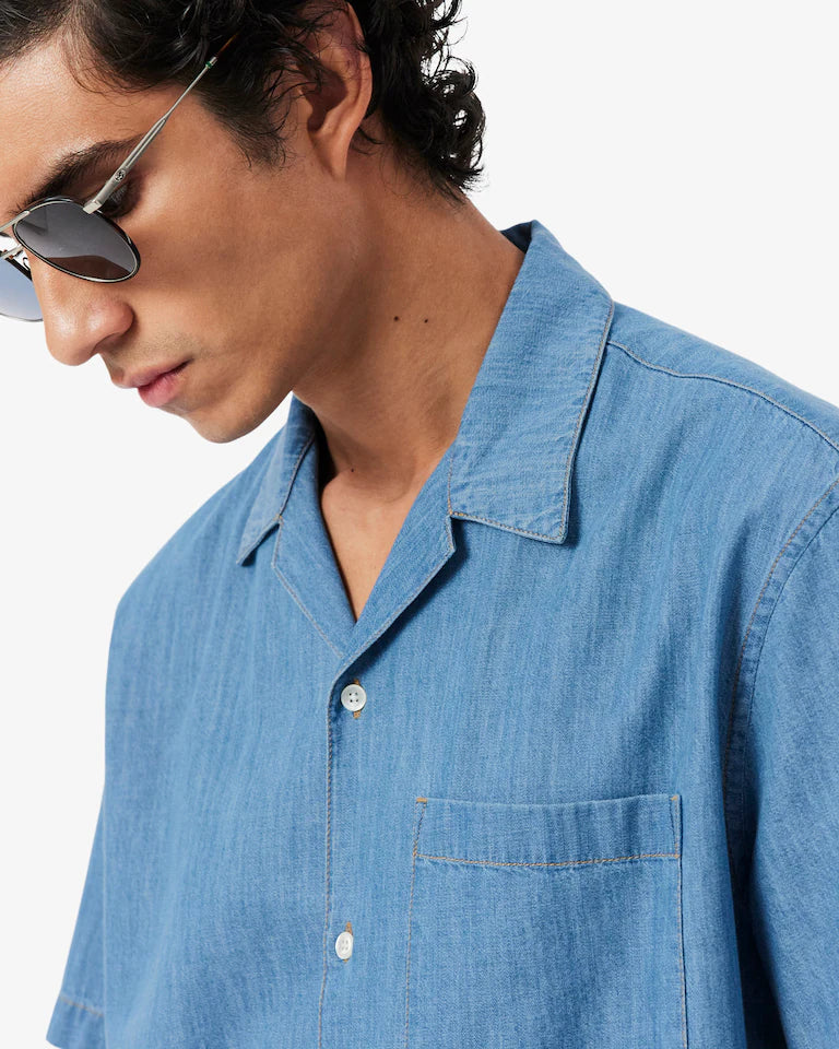 LACOSTE Coordinato Jeansato Camicia Mezze Maniche e Pantaloncino Jeansato Chiaro
