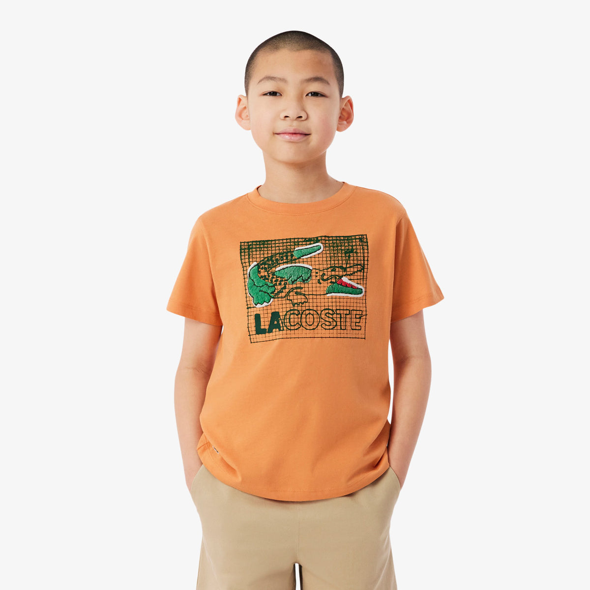 LACOSTE T-Shirt in Cotone con Stampa Grafica Bambino/Bambina Arancione