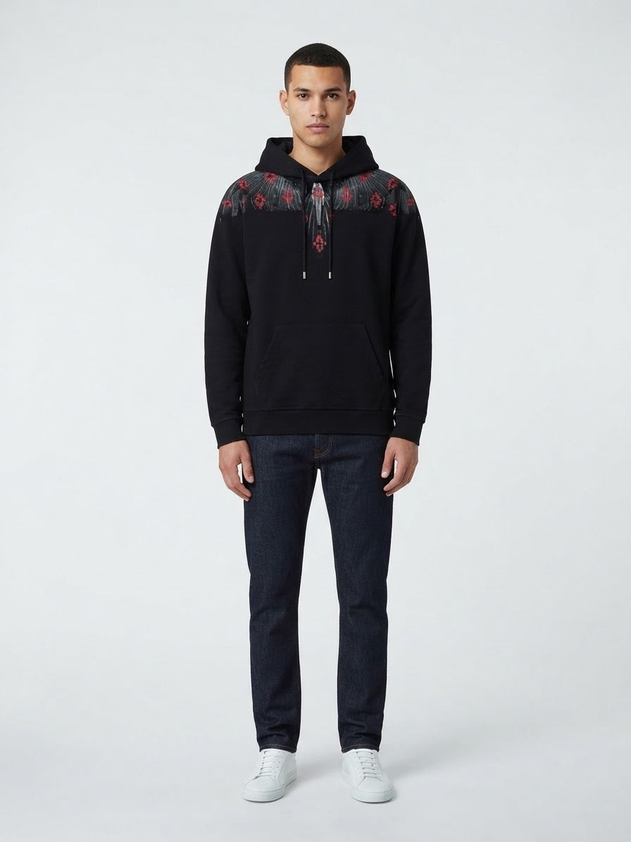 COUNTY OF MILAN Felpa Con Cappuccio Marcelo Burlon Nera Con Ali Grigio/Rosso