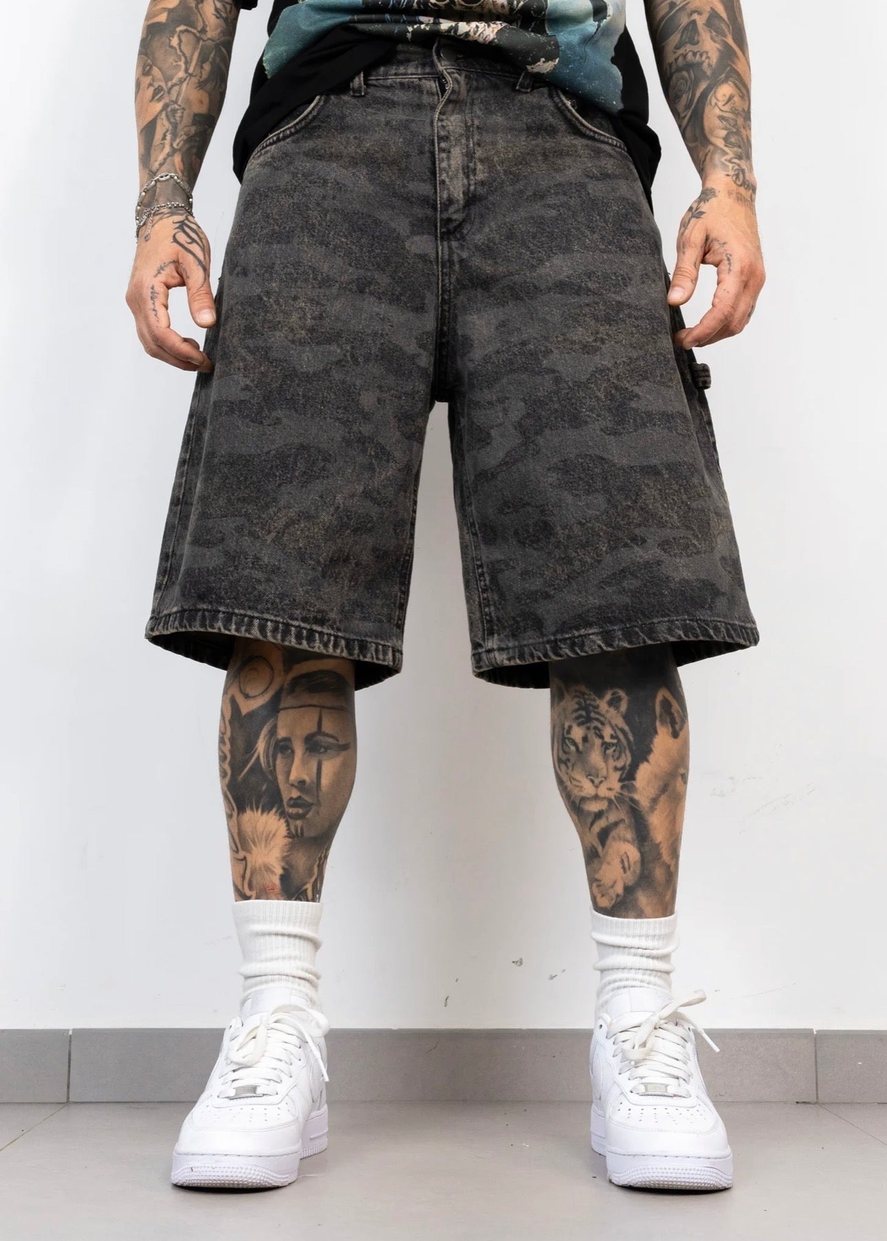 PRESENT DAY Bermuda Jeans Ballon Camo Nero/Grigio