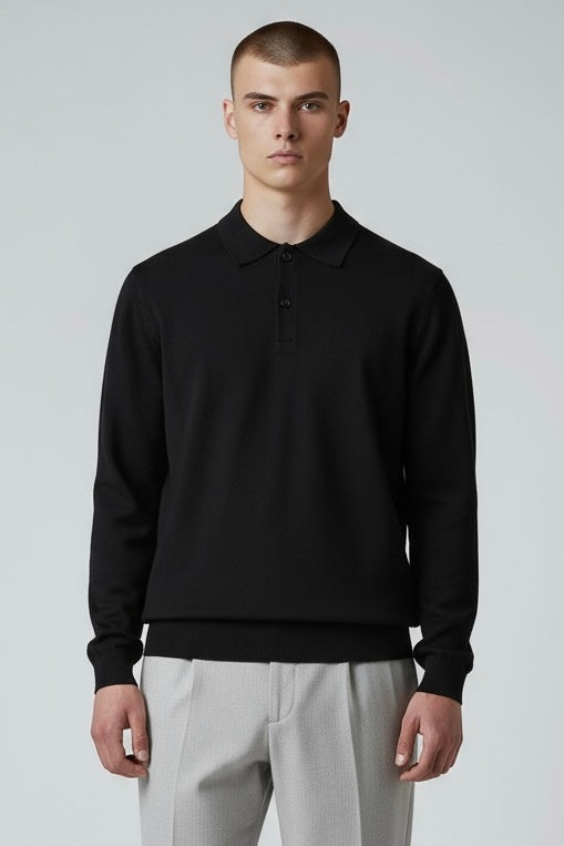 Polo A Maniche Lunghe Made in Italy In Cotone Nero