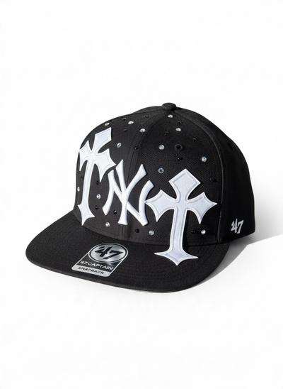 ‘47 CUSTOM Cappello Visiera Piatta Regolabile Personalizzato Con Strass e Croci Nero/Bianco