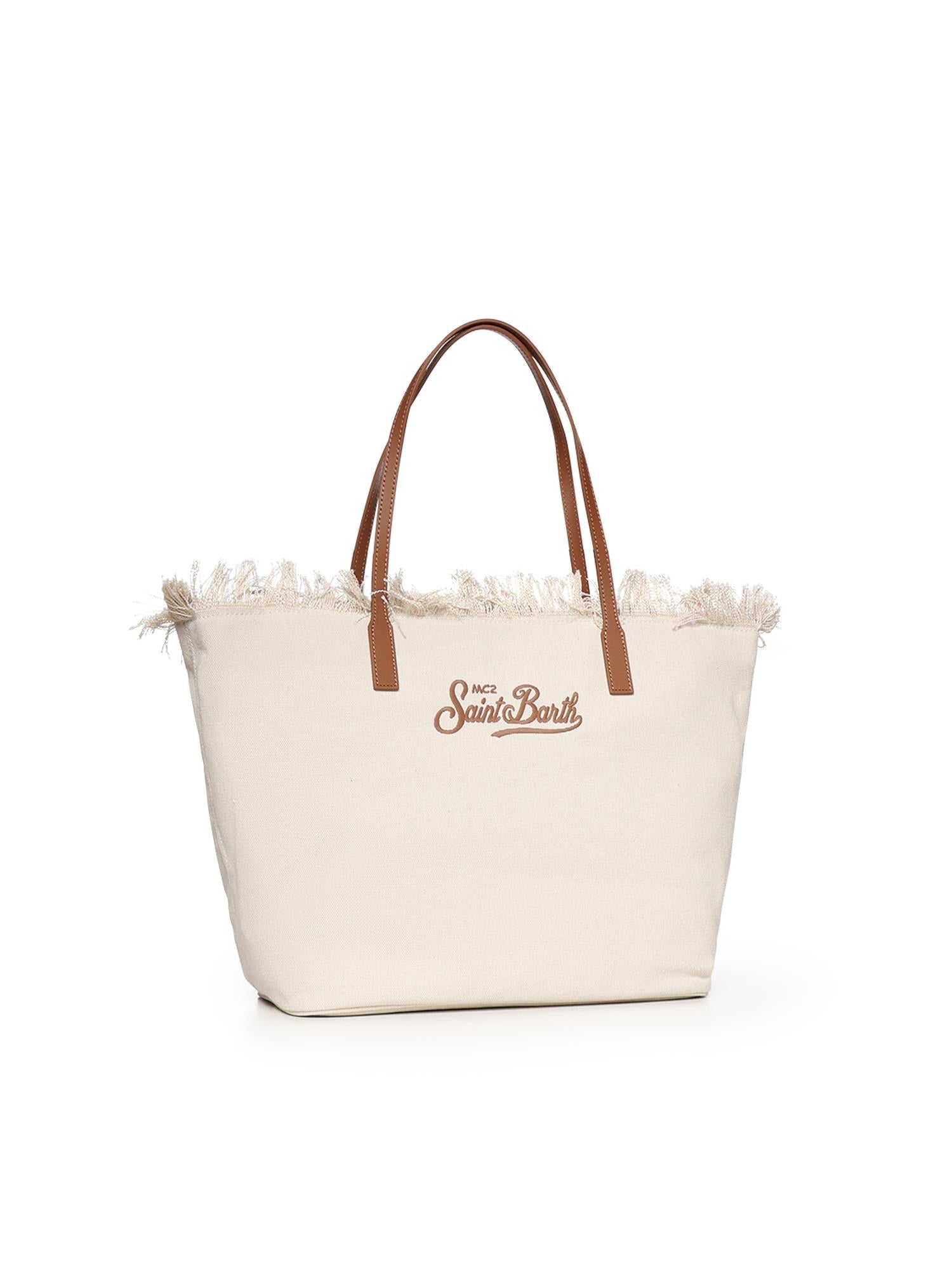 SAINT BARTH BORSA CITY REGULAR IN CANVAS PANNA CON FRANGE Logo Ricamato Marrone Beige