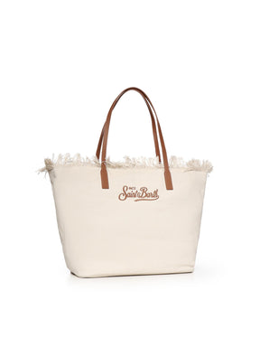 SAINT BARTH BORSA CITY REGULAR IN CANVAS PANNA CON FRANGE Logo Ricamato Marrone Beige