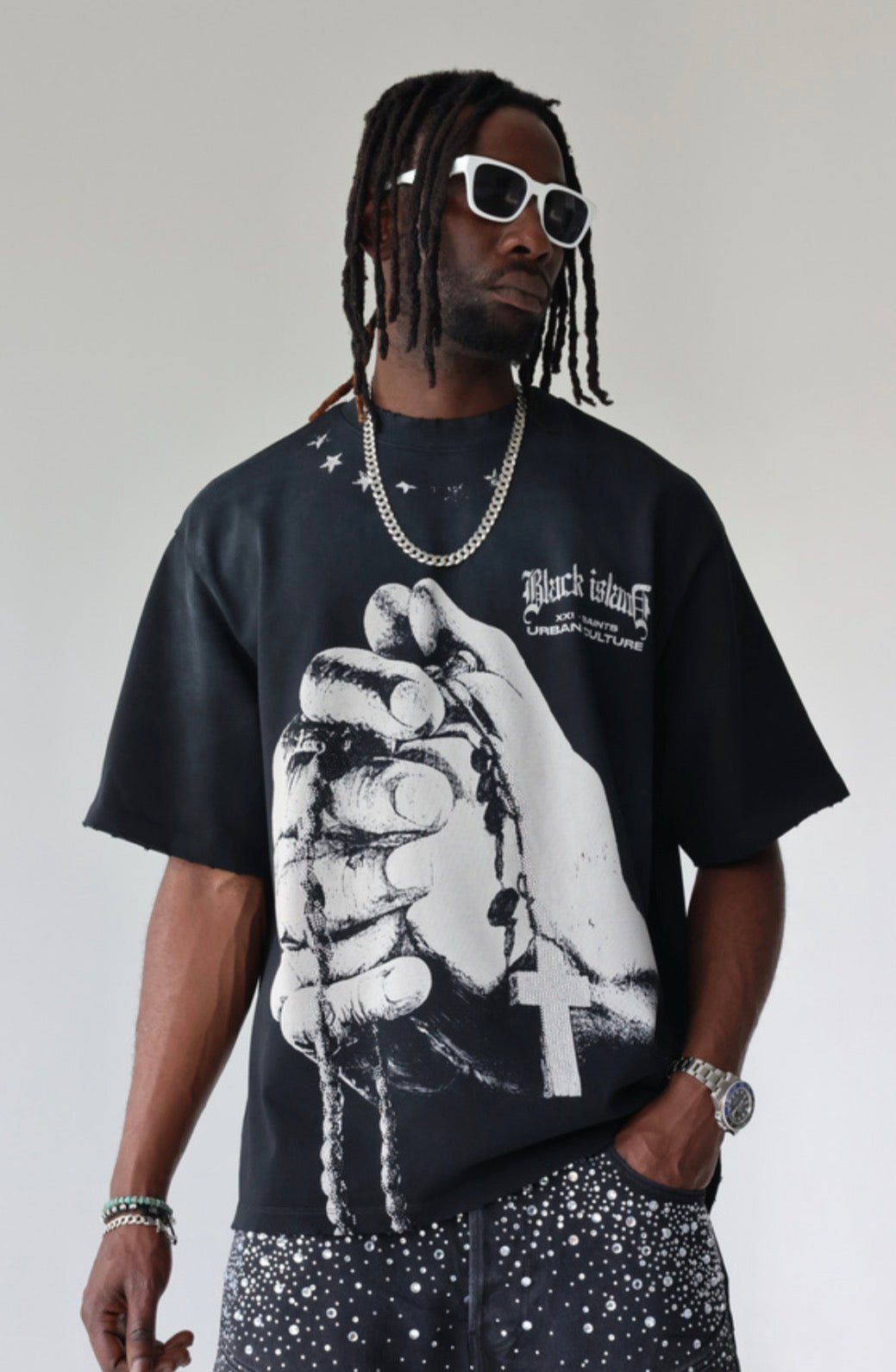 BLACK ISLAND T-Shirt In Cotone Sfumata Cropped Con Stampa e Brillantini Fronte e Retro Nera