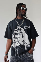 BLACK ISLAND T-Shirt In Cotone Sfumata Cropped Con Stampa e Brillantini Fronte e Retro Nera