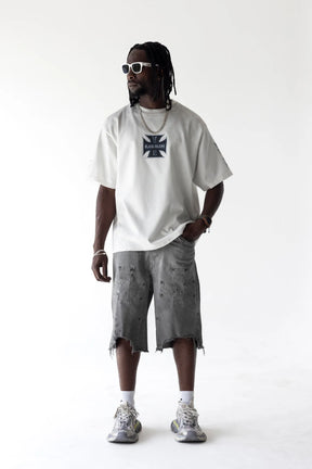 BLACK ISLAND T-Shirt In Cotone Stampa Croce Fronte e Retro Bianco Stone Wash