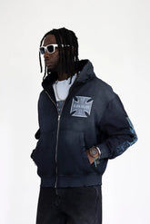 BLACK ISLAND Felpa Con Zip e Cappuccio Con Stampa Croce Fronte e Retro Stone Wash Nera