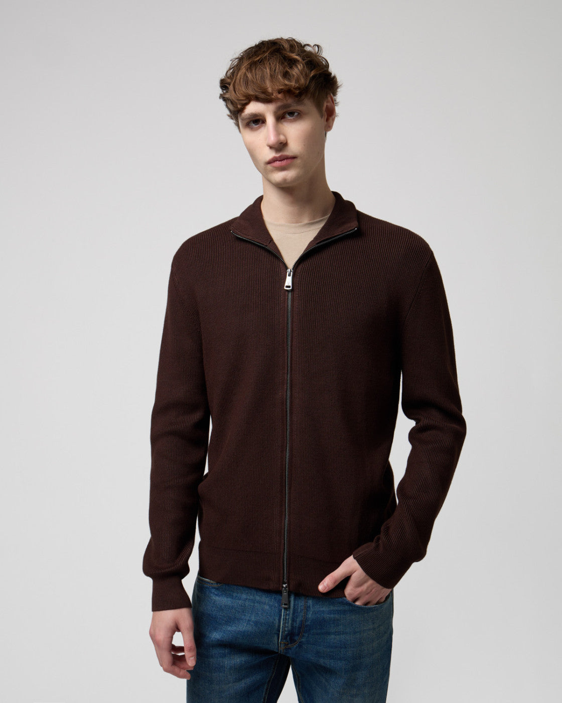 GIANNI LUPO Cardigan Con Collo a Imbuto e Zip Marrone