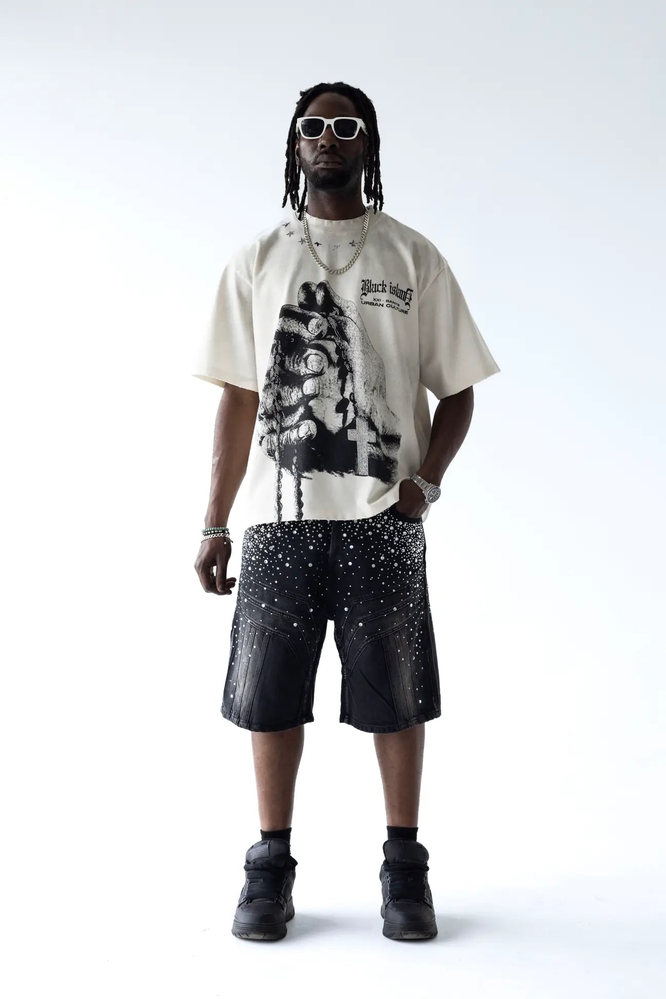 BLACK ISLAND T-Shirt In Cotone Sfumata Cropped Con Stampa e Brillantini Fronte e Retro Bianca/Nero