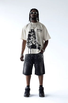 BLACK ISLAND T-Shirt In Cotone Sfumata Cropped Con Stampa e Brillantini Fronte e Retro Bianca/Nero