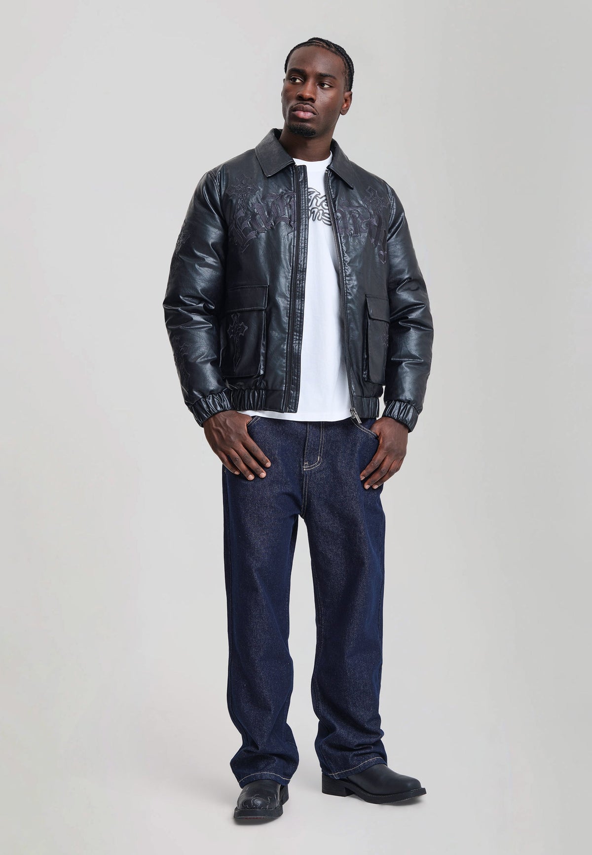 EH HARDY Jeans Baggy Con Patch Ragnatela e Stampa Retro Lavaggio Denim Blu Scuro